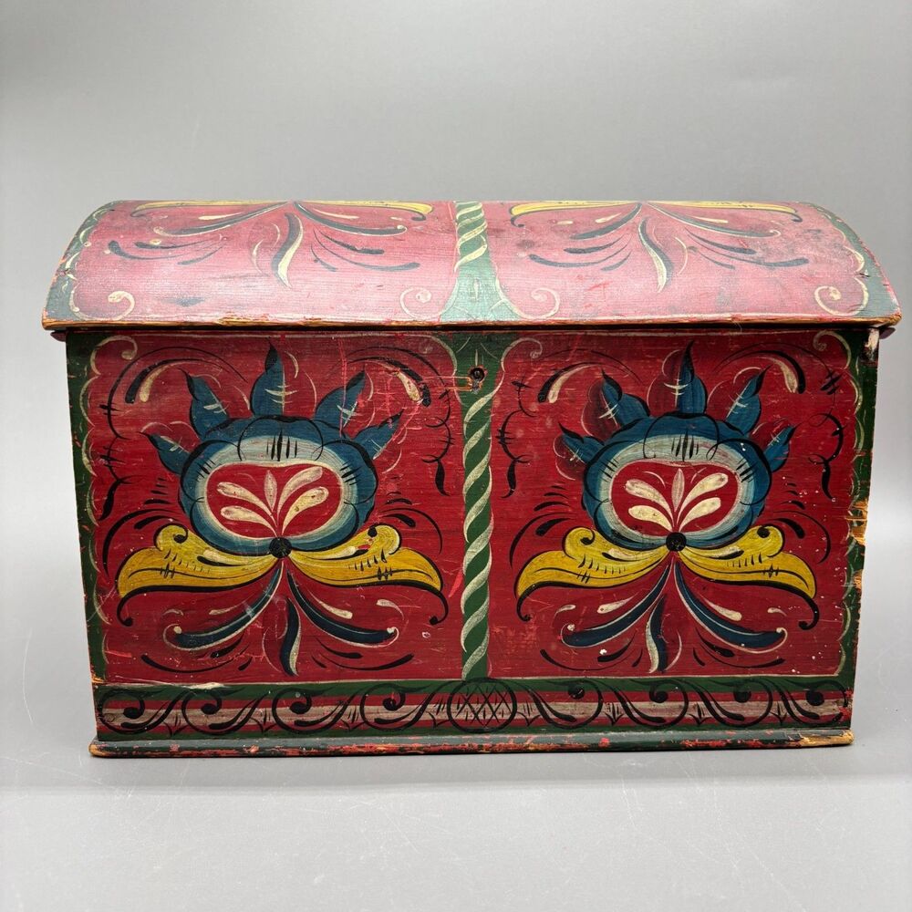 Vintage Antique Norwegian Os Rosemaling Wood Chest Hand Painted Folk Art 1930s